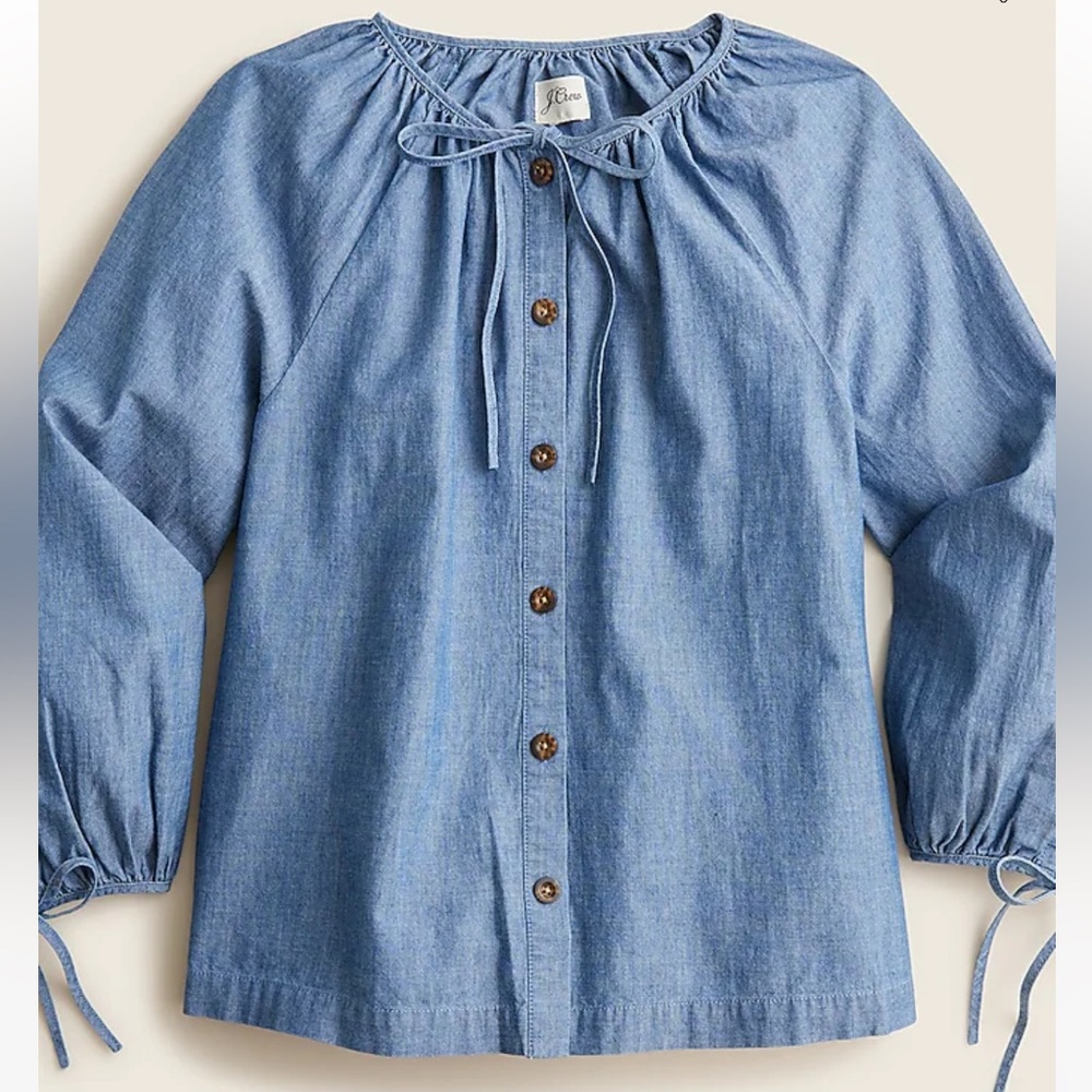 JCrew Tie-sleeve button-front chambray top